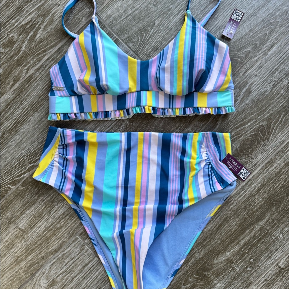Adore Me Rainy Stripe Blue Bikini Set NWT